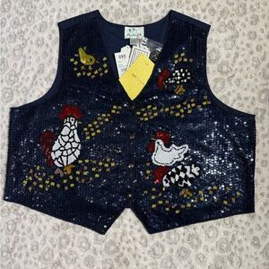 QUACKER FACTORY 2XL‎ Sequin Beaded Vest Animal~ Farm Chicken Hen/Rooster